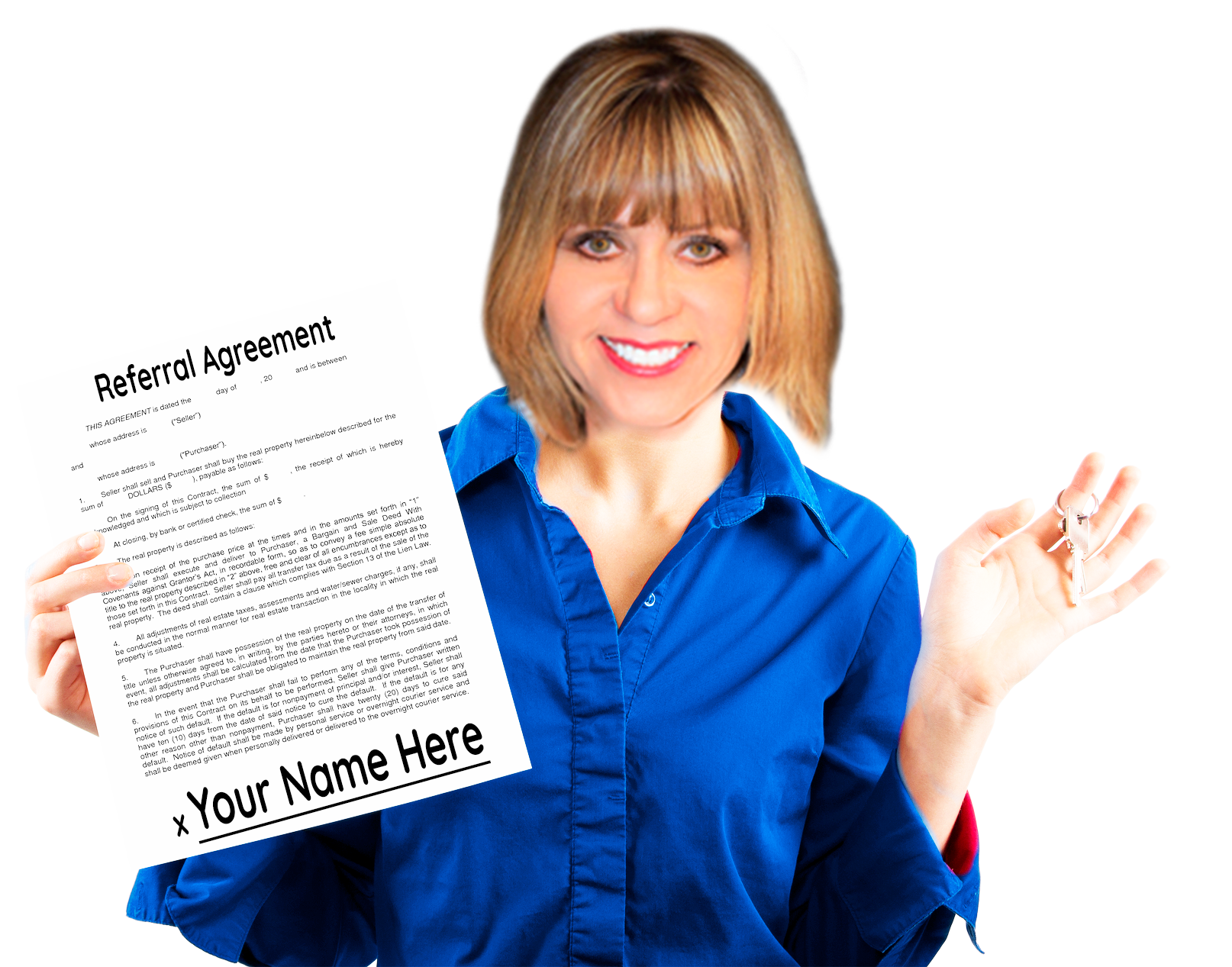 A female Real estate agent holding a referral agreement document in one hand and holding up a set of keys in her other hand.