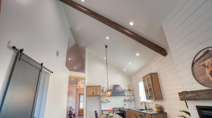 Vaulted ceiling and wood beam