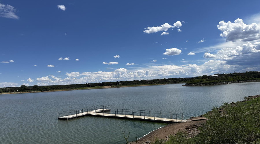 View of lake and docks.