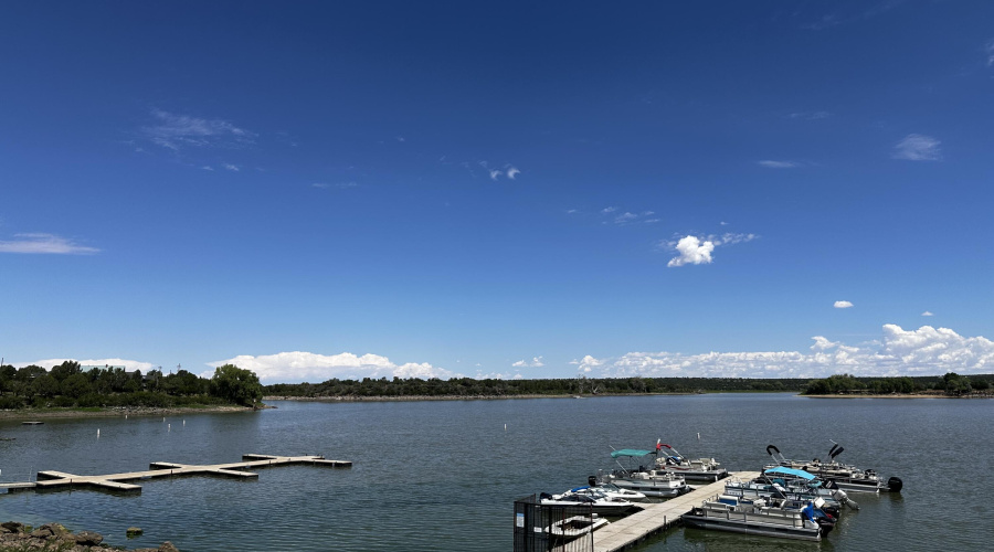 View of lake and docks.