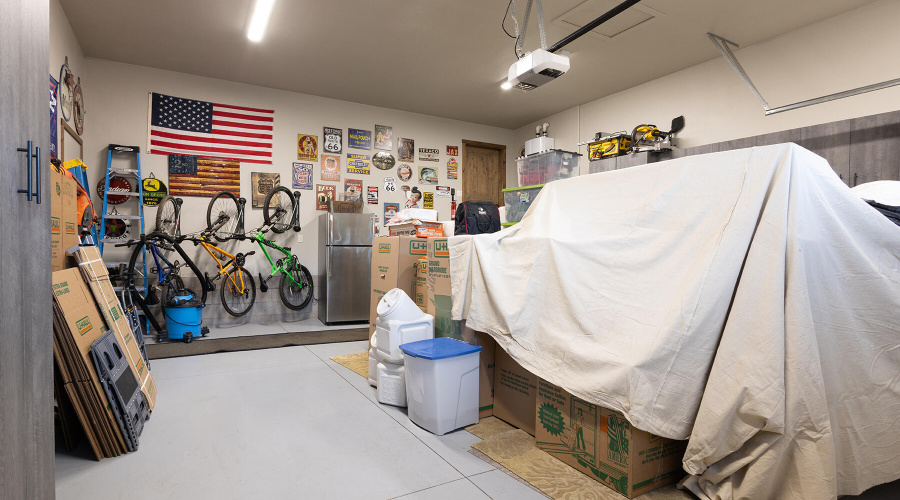 Garage with several built in cabinets &