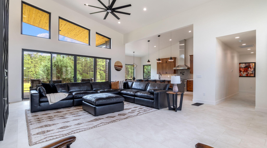 Living room and view into kitchen