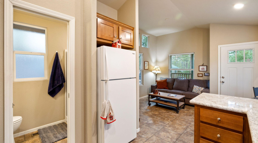 Kitchen looking to Bathroom & Living Rm