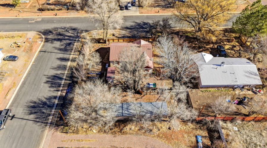 Aerial looking down Apache St.