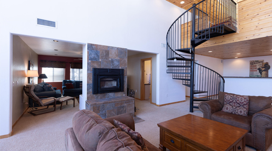 Stone Fireplace and Spriral Stairs