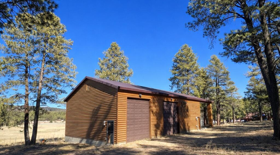 Wooden garage in the forest clearing