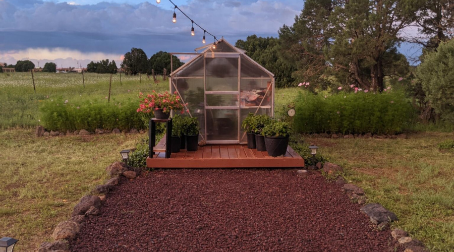 Twilight glow over a peaceful greenhouse