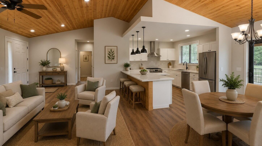 Living Room, Dining, & Kitchen